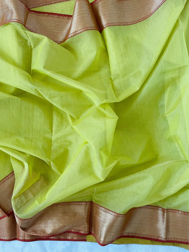 Maheshwari Cotton Tissue Silk Saree | Handloom Mark | Yellowish Green with Red Border | Ships from California